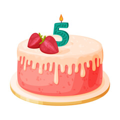 Candle on birthday cake with 5 number age. Festive dessert burning number shaped candle cartoon vector illustration