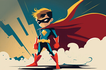Illustration of a boy dressed as a superhero with a cape and mask looking at the side. Comic background. Child with determined look and clenched fists. Generative ai. Red and blue costume