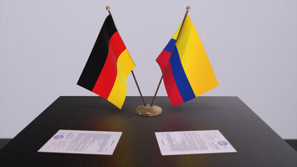 Colombia and Germany flag, politics relationship, national flags. Partnership deal 3D illustration