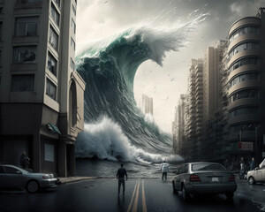 The tsunami wave goes to the city. Generative AI.	
