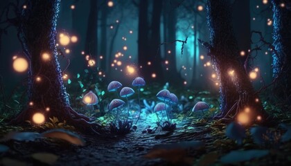 Obraz premium Enchanting Nighttime Woods with Mystical Lights and Fireflies, AI Generative