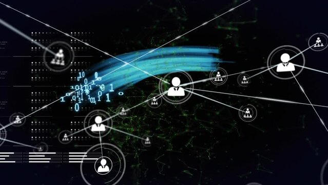 Animation of network of profile icons and blue light trails over data processing and binary coding
