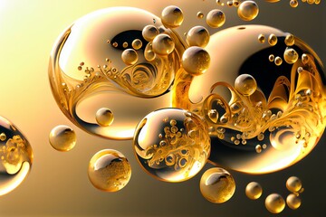 Gold soap bubbles floating in the air abstract background. Glossy and shiny surface. Gold soap bubbles pattern. Decorative AI generated realistic horizontal interior poster.