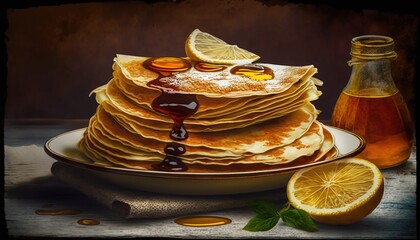 Extremely Well Detailed Panorama of Plate With Very Appetizing Ready-To-Eat Pancakes Generated by AI