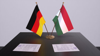 Hungary and Germany flag, politics relationship, national flags. Partnership deal 3D illustration