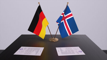 Iceland and Germany flag, politics relationship, national flags. Partnership deal 3D illustration