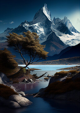 Patagonian mountains peaks with a river and trees in the foreground, Argetinia and Chile, area for hiking and landscape photography