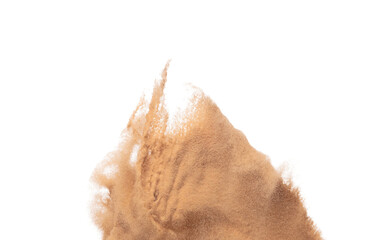 Big size Sand flying explosion, Golden grain wave explode. Abstract cloud fly. Yellow colored sand splash throwing in Air. White background Isolated high speed shutter, throwing freeze stop motion