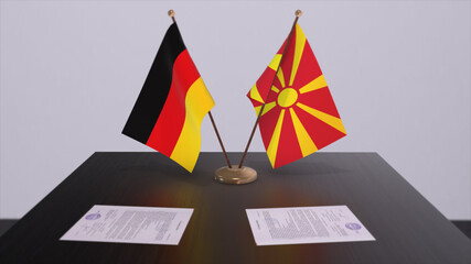 North Macedonia and Germany flag, politics relationship, national flags. Partnership deal 3D illustration