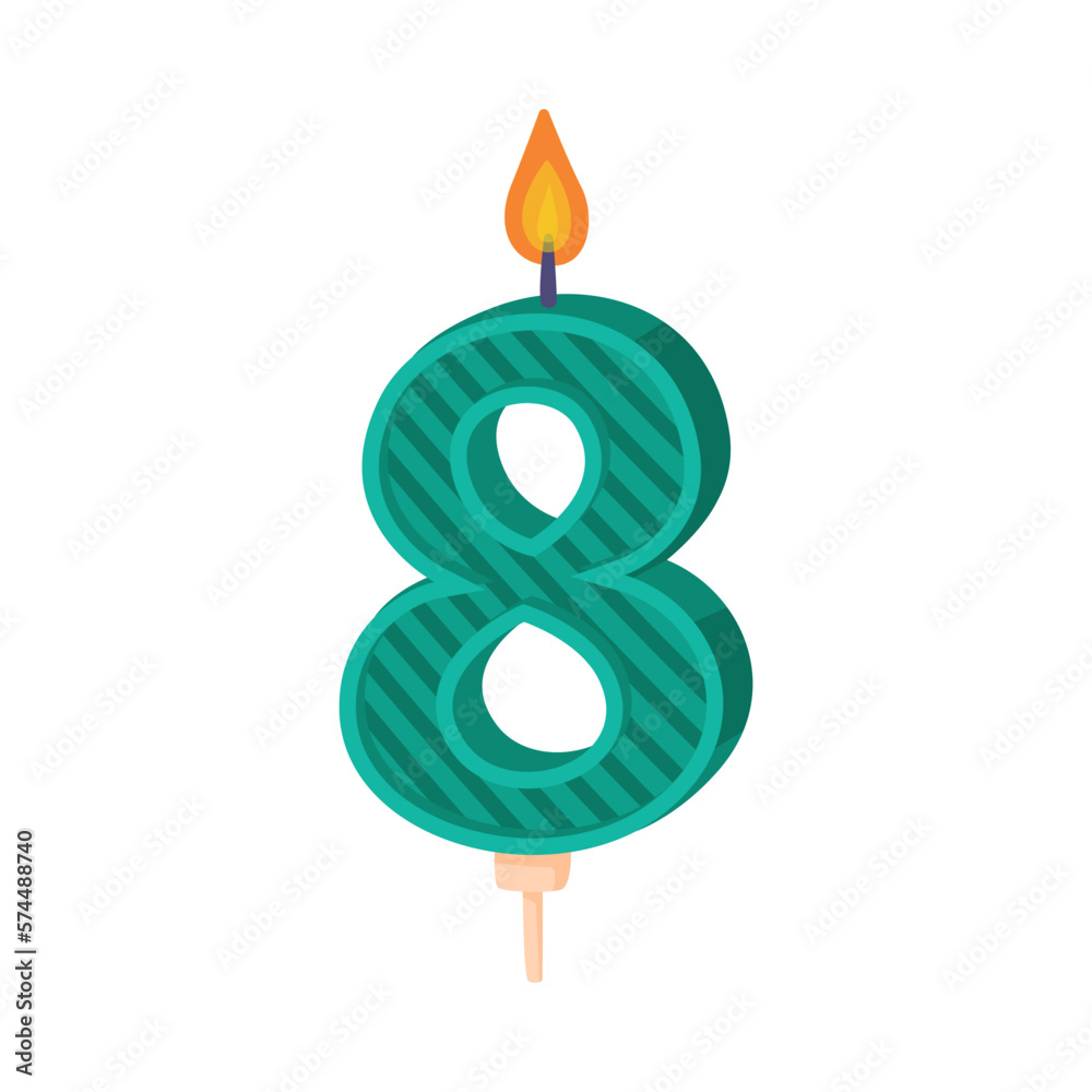 Sticker 8 burning number shaped candle for Birthday anniversary celebration cartoon vector illustration