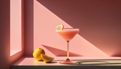 Pink daiquiri alcoholic summer cocktail on a modern pink background with sunlight from the window, ai generative