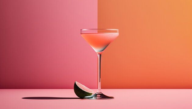 Pink daiquiri alcoholic summer cocktail on a modern pink background with sunlight from the window, ai generative