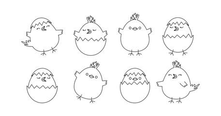 Chick egg, Easter chicken vector icon, cute line bird with shell, outline character set coloring page. Black animal illustration isolated on white background
