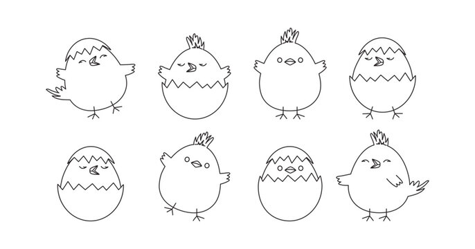 Chick egg, Easter chicken vector icon, cute line bird with shell, outline character set coloring page. Black animal illustration isolated on white background