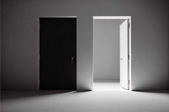 Bold Minimalism Business Opportunity Concept Design, When One Door Closes Another Door Opens. Minimalistic, Black and White, Dark and Light