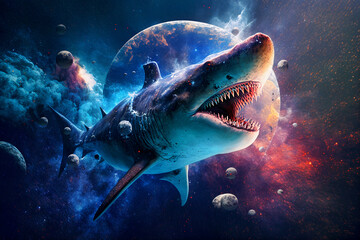 Fototapeta na wymiar shark swimming through space, abstract outer space art, created using ai generative technology.