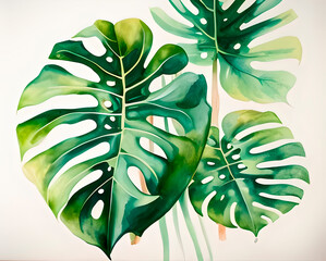 monstera leaves painted in watercolor, generative ai