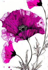 Magenta poppy floral abstract pattern on white background. Artistic drawn bright flowers and buds painting. AI generated creative decorative vertical sketch poster.