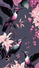Vertical illustration in Japanese style of three colibri among leaves and flowers as wallpaper or background. Beautiful hummingbirds in garden, Asian style.