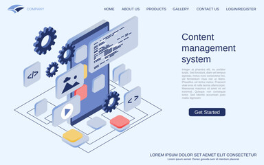 CMS development, program coding, mobile website interface design flat 3d isometric vector concept illustration