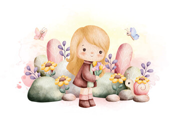 Watercolor Illustration Spring Girl in the garden