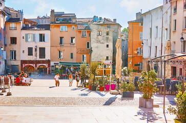The Forum des Cardeurs Square with bars and restaurants, Aix-en-Provence, France