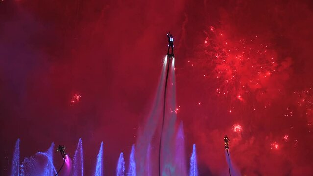4K: Impressive LED Flyboard and Fireworks during the New year 2023 in Sharjah, United Arab Emirates