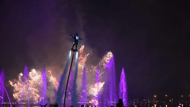 4K: Impressive fireworks and LED Flyboard Show 2023, held at Sharjah's Al Majaz Waterfront, United Arab Emirates