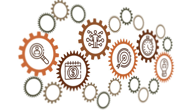 Online Business Management and Automation, Marketing and Business Effectiveness. Group of Gears Connected with Business icons. Concept of Creative Illustration Idea 
