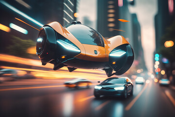 Flying cars: A sleek, futuristic flying car soaring over a bustling city.
