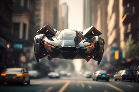 Flying cars: A sleek, futuristic flying car soaring over a bustling city.