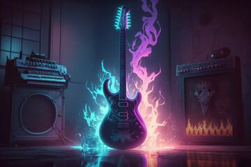Electronic guitar with neon glow, studio background, music and rock band promotion, generative ai
