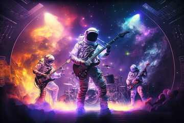Astronaut rock band playing guitar, fantasy concept, neon lights.