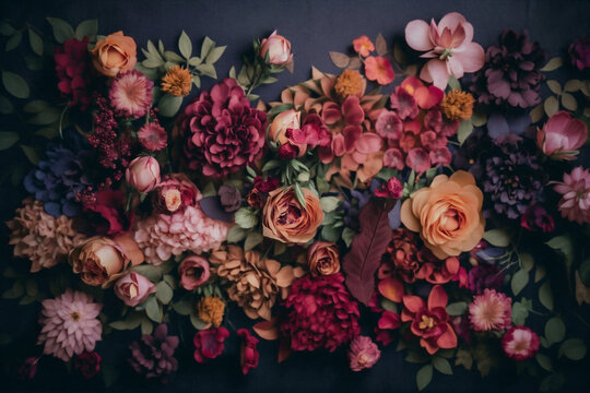 Vintage Floral Wall Background - Artificial flower wall in rich dark colors with a vintage style - Generative AI technology © Magnolia Creative