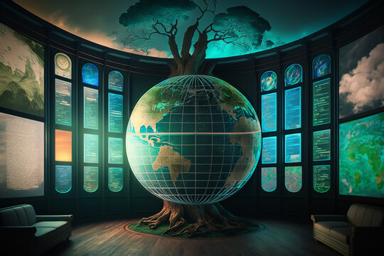 Room with giant earth globe, concept of sustainable development.