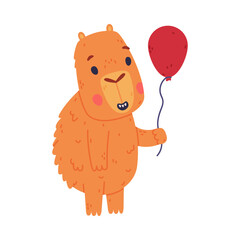 Cute baby capybara walking with red balloon. Funny animal of South America cartoon vector illustration