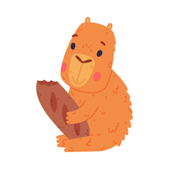 Cute baby capybara eating bread. Funny animal of South America cartoon vector illustration