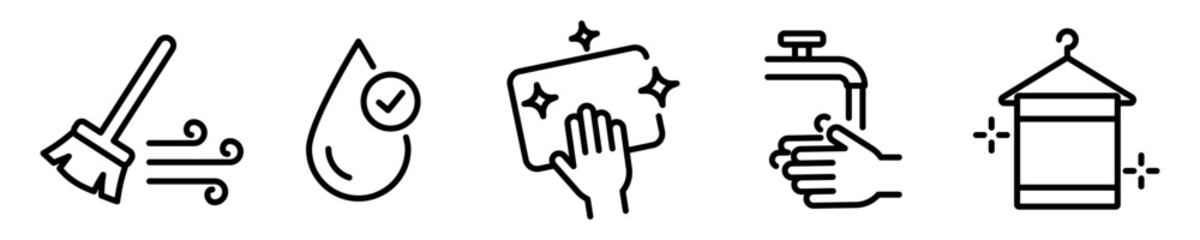 Conjunto de iconos de higiene. Barrido, desinfección, lavado de manos, agua limpia. Concepto de limpieza. Ilustración vectorial