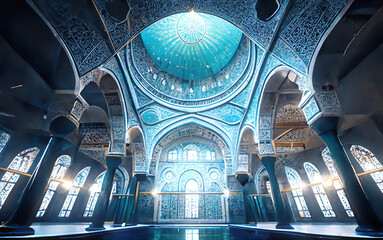 beautiful hall interior of traditional arabic building with columns inspired by heroic fantasy with an epic light, painting style reworked and enhanced ai generated architecture mockup for inspiration - obrazy, fototapety, plakaty