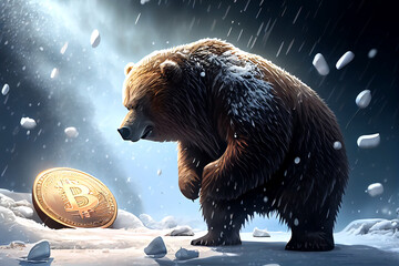 Angry bear looking at bitcoin coin, winter, bear market