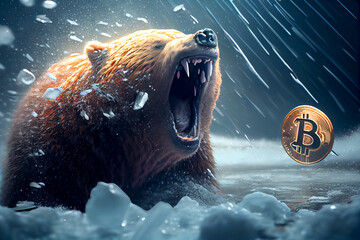Angry bear toward a bitcoin coin, winter, snow, bear market