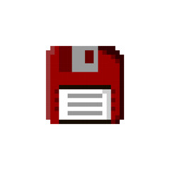 Pixel art of floppy disk or diskette. 8 bit diskette isolated on white