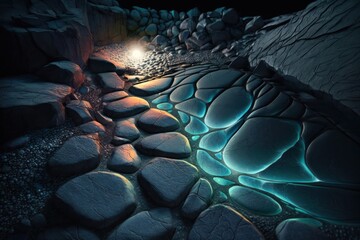 Obraz premium Fantasy stones abstract background with neon lights. Mystery stone texture, nothern lights colors, mystery lighting. Ai generated horizontal illustration with fantasy neon pebbles.