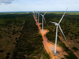 grande grupo de turbinas eólicas em parque eólico em serra do mel, rio grande do norte, brasil - obrazy, fototapety, plakaty