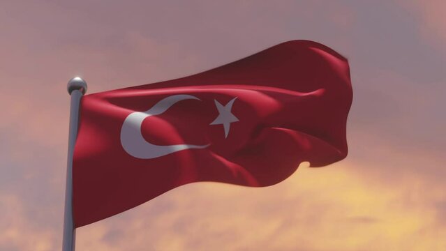 Flag of Turkey waving dramatically at sunset