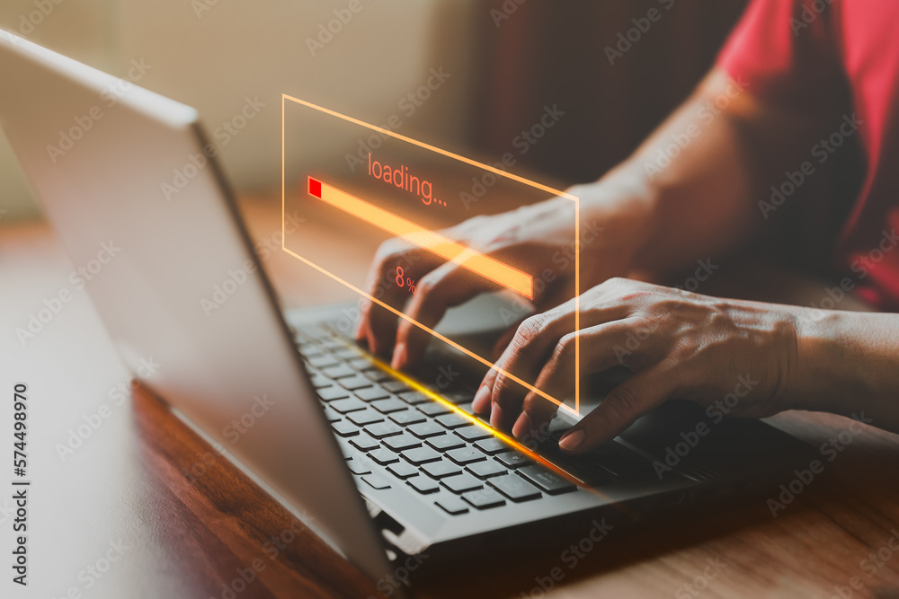Poster Adult man using a laptop computer for download software and waiting to loading digital business data form website, very slow internet form wifi. Concept of waiting for load of loading symbol.