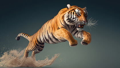 Fototapeta premium Tiger in Flight: Breathtaking Images of Tigers Soaring through the Air