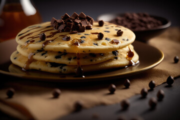 chocolate chip pancakes with syrup being drizzled on top with studio lighting made by generative ai