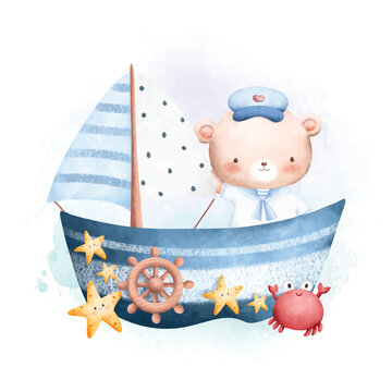 Watercolor Illustration Teddy Bear the Sailor