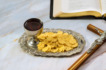 Christian Holy Communion with unleavened bread chalice wine symbols of Jesus Christ